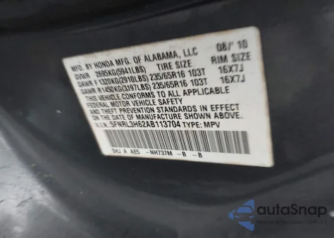 2010 Honda Odyssey Ex-L z USA, uszkodzony, nr VIN 5FNRL3H62AB113704